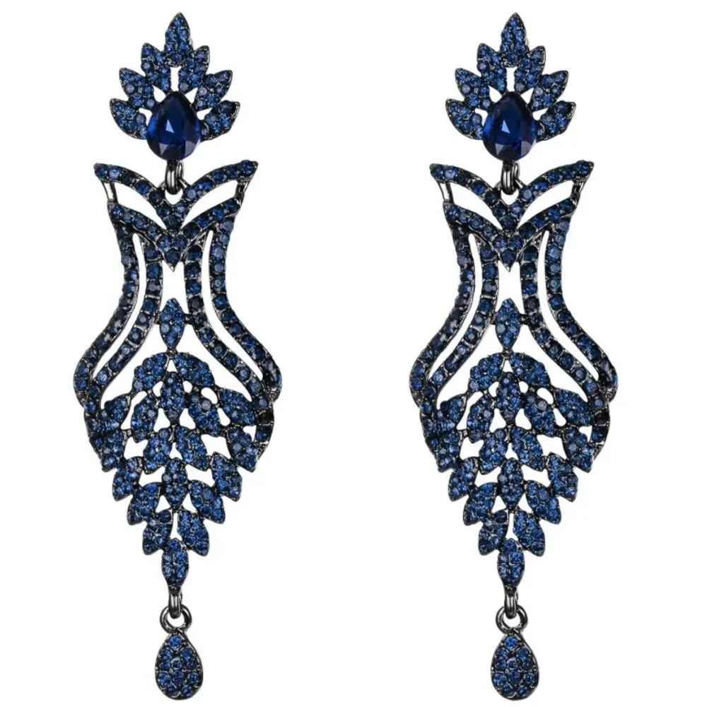 Gun Metal with Sapphire Blue Crystal Flower Vase Chandelier Post Back Earrings